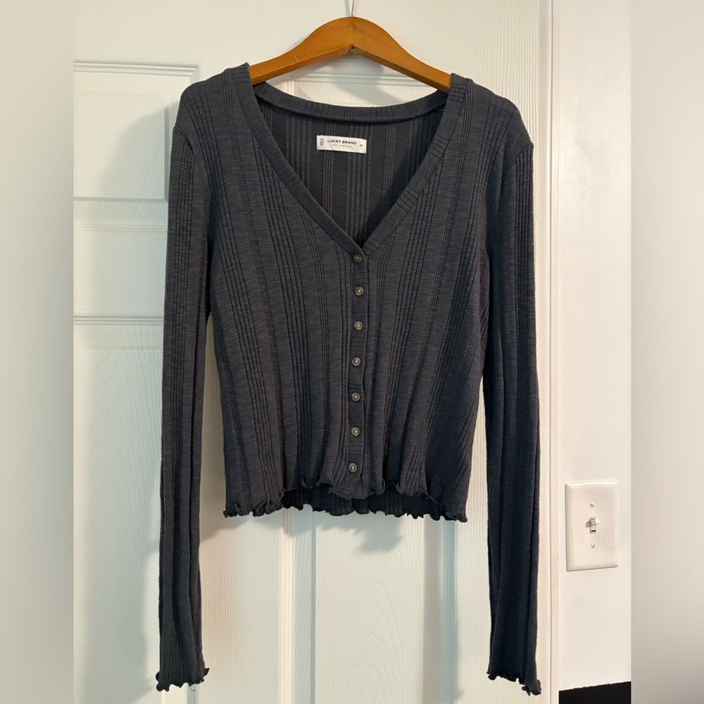 Lucky Brand Charcoal Button-Down Ribbed Top